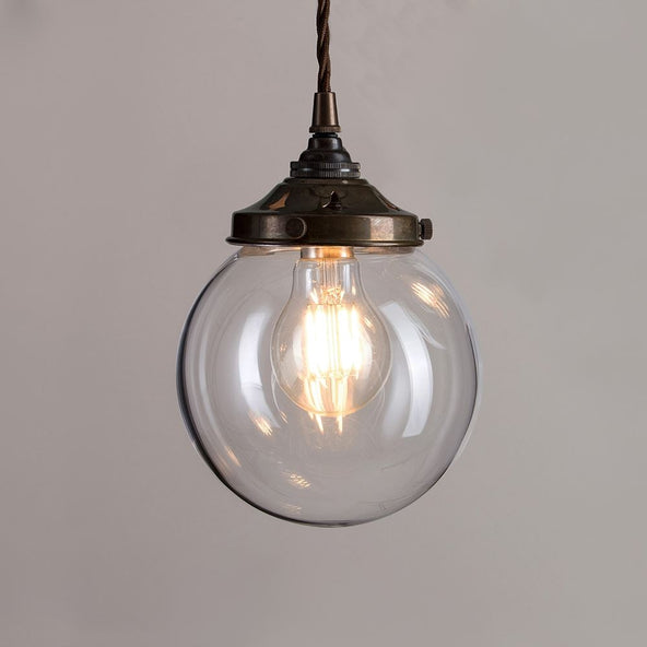Outlet Globe Blown Glass Pendant Light - B22 - Antique Brass, Small : 15cm, 1 Metre Brown