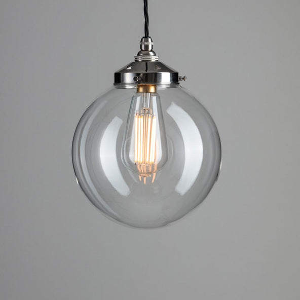 Outlet Globe Blown Glass Pendant Light - B22 - Polished Nickel, Medium : 20cm, 1 Metre Black