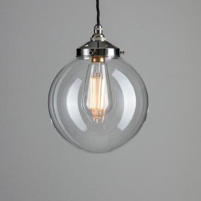 Outlet Globe Blown Glass Pendant Light - B22 - Polished Nickel, Medium : 20cm, 1 Metre Black